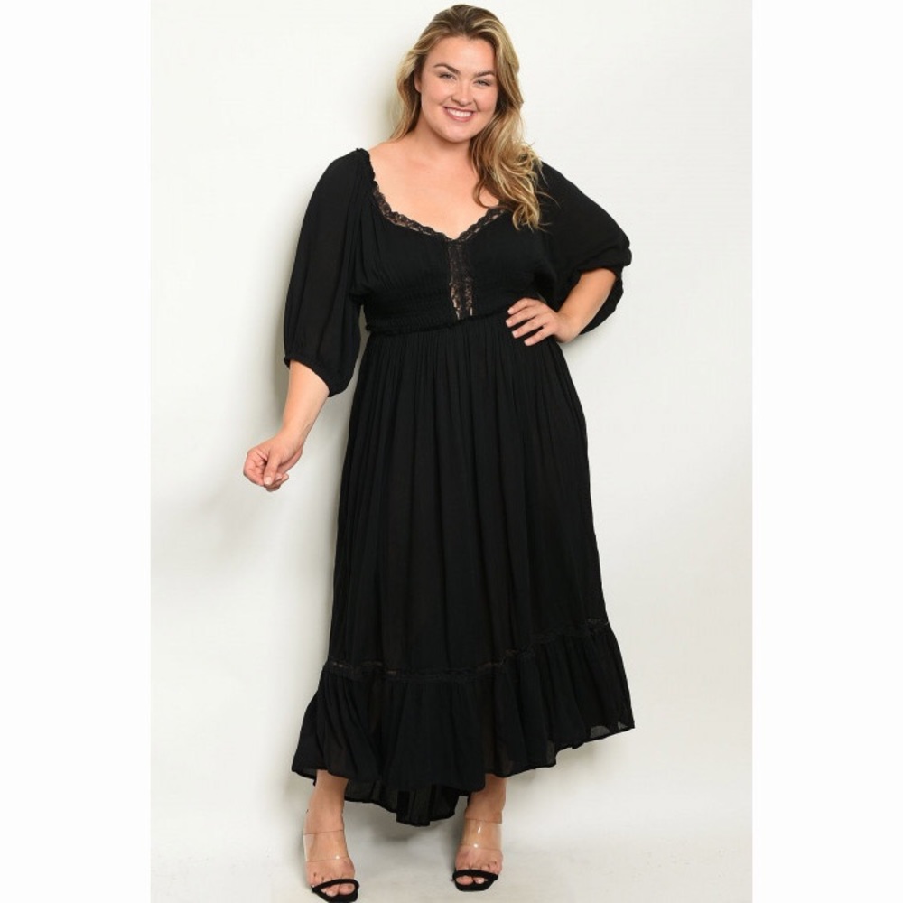 Plus Size Curvy(1X,2X,3X) Black Boho Peasant Dress